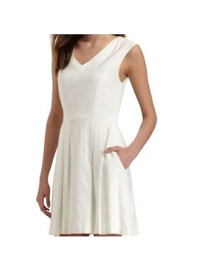 Theory Womens Narida Suave Natural White Ivory Fit And Flare Pleated Dress